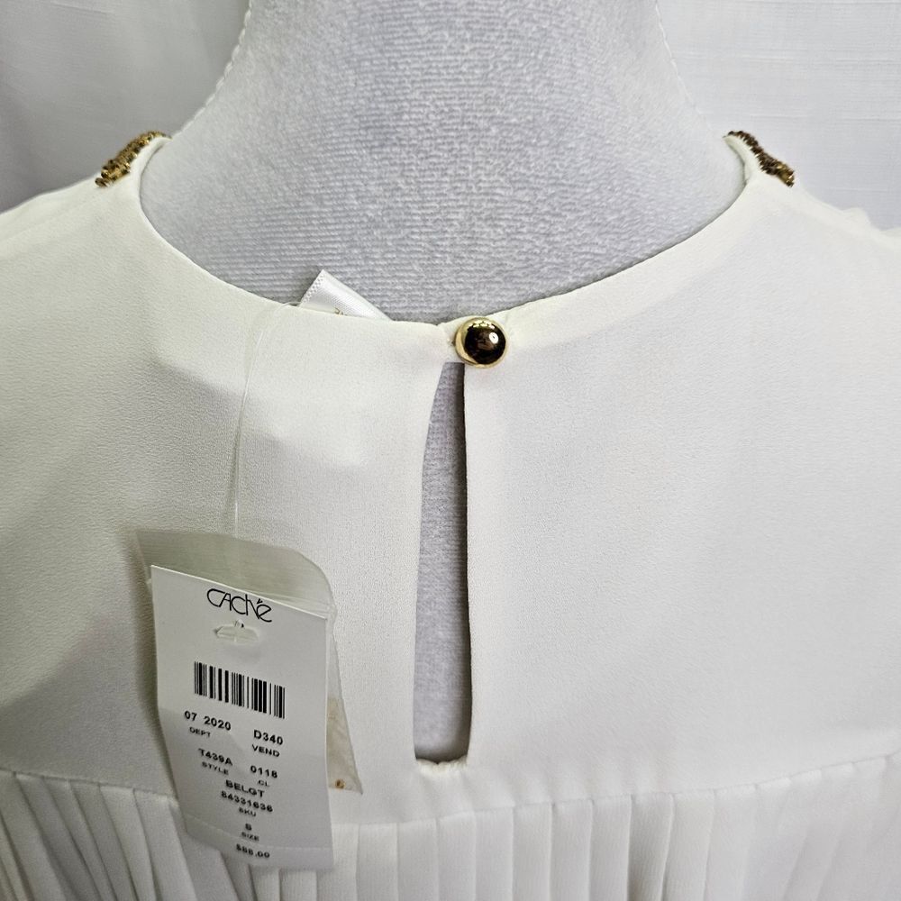 Cache Bead Trim Cream Pleated Sleeveless Blouse Size Small - Picture 4 of 7